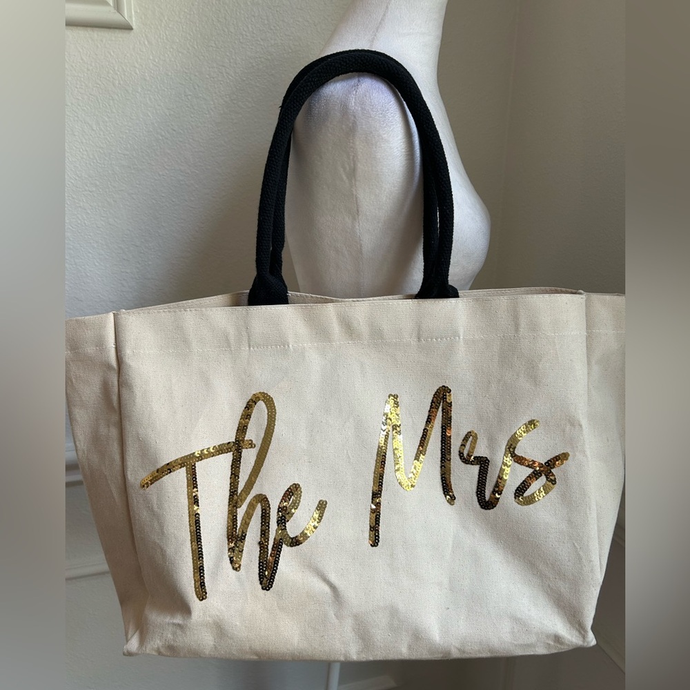 Two’s Company Bride "The Mrs." Bridal Canvas Large Tote Bag - Gold and Cream